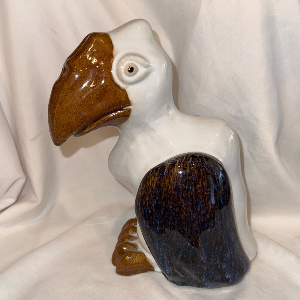 White, Brown, and Blue Ceramic Bird Figurine - Decorative Vulure Accent